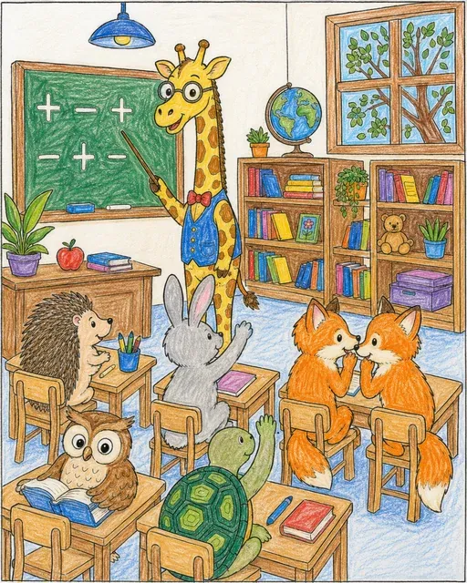 动物学校 — 黑板前的数学课 – 涂色效果预览