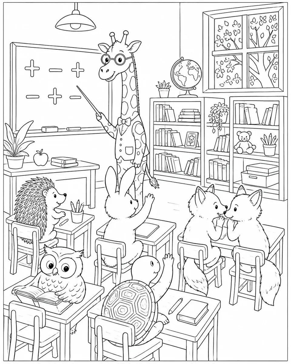 长颈鹿老师与六只动物学生的涂色画