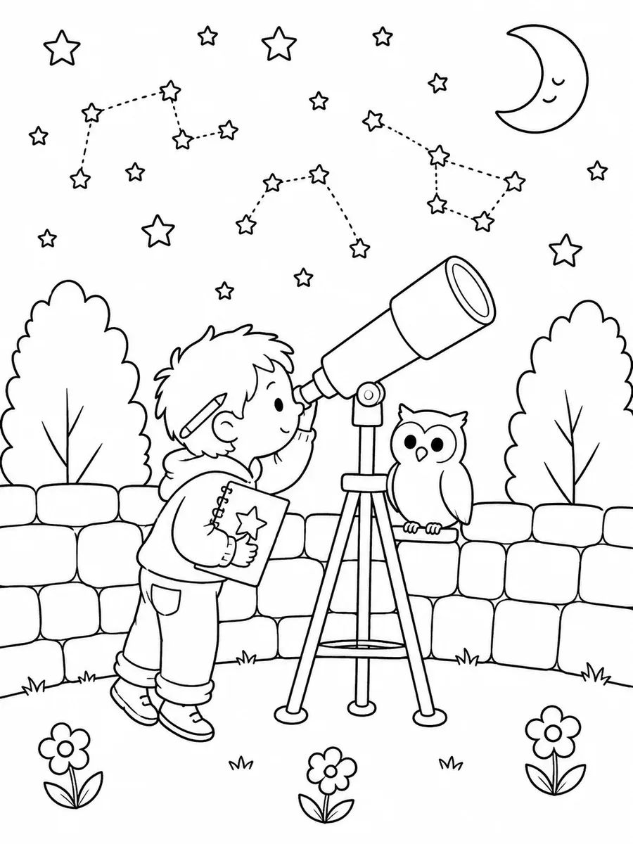 孩子在望远镜旁数星星的涂色画