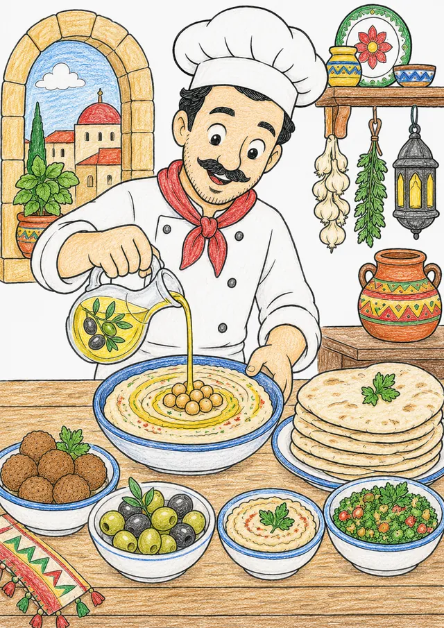 Ausmalseite: Libanesischer Koch gießt Olivenöl über Hummus-Schüssel, Fladenbrot und Mezze-Teller daneben