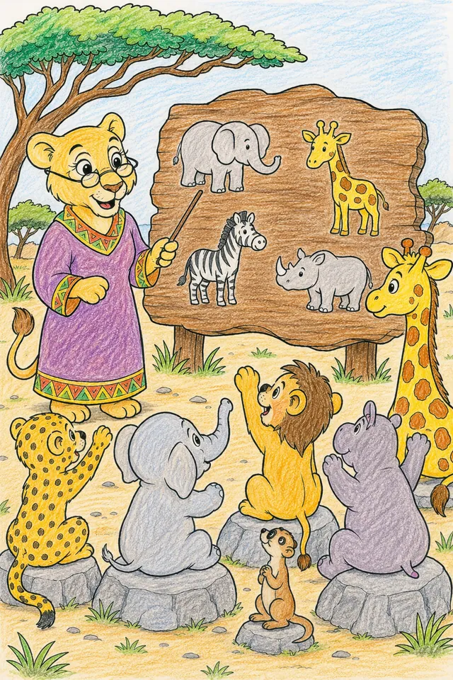 Löwenlehrerin mit Brille und Zeigestab erklärt afrikanische Tiere an Akazienrinden-Tafel vor Tierklasse