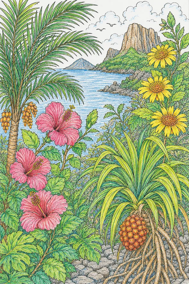 Lord Howe: Kentia Palm arching ringed / Curly recurved / Trochetia red hibiscus / Echium spike blue / Pandanus sword rosette fruit