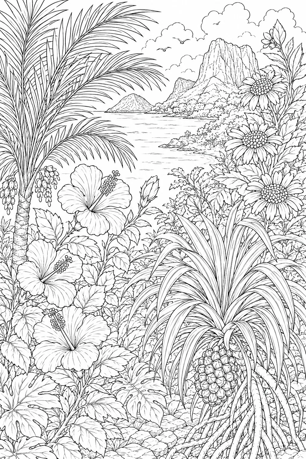 Lord Howe: Kentia Palm arching ringed / Curly recurved / Trochetia red hibiscus / Echium spike blue / Pandanus sword rosette fruit