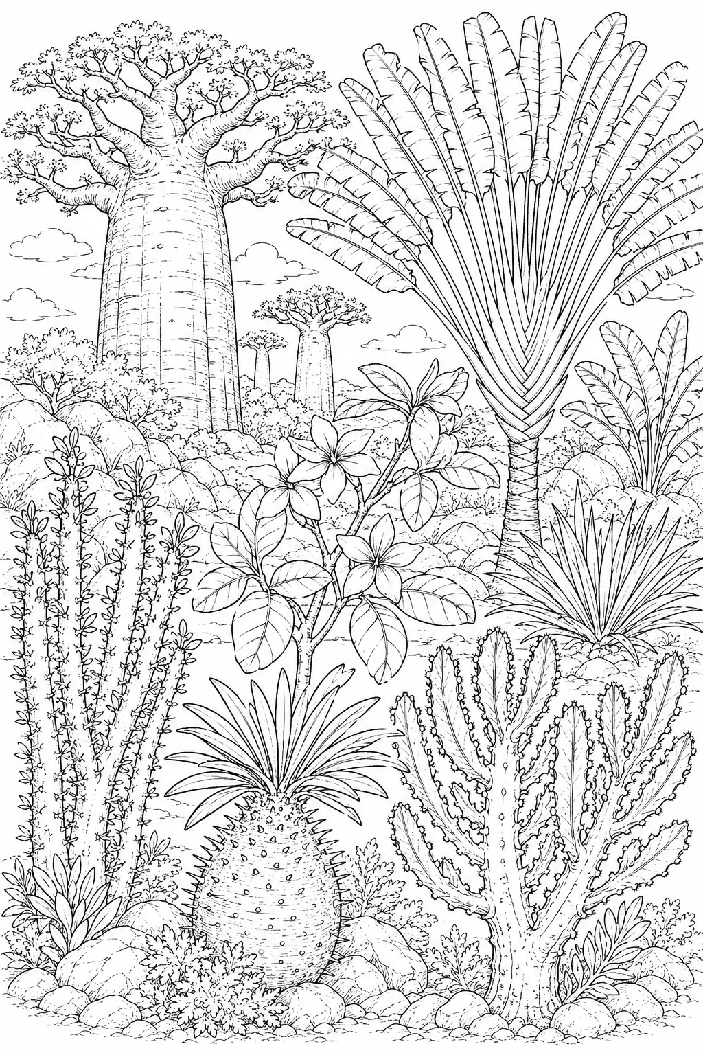 Madagascar: Baobab cylindrical smooth crown / Ravenala fan paddle leaves / Didierea spiny arms spiral / Pachypodium three-prong spines rosette white / Alluaudia grey paired spines succulent