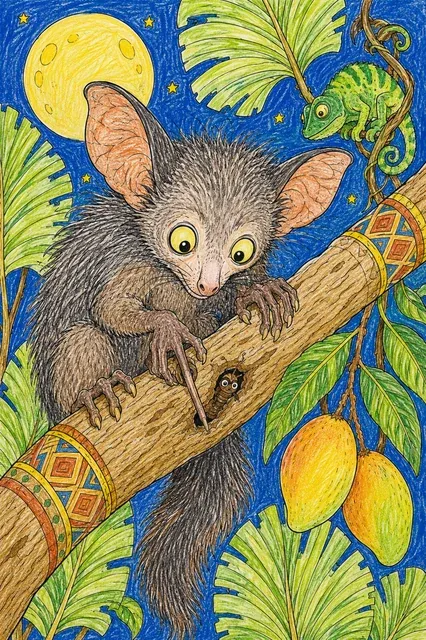Aye-Aye auf einer Ravinala-Palme bei Vollmond klopft Rinde mit langem Mittelfinger ab