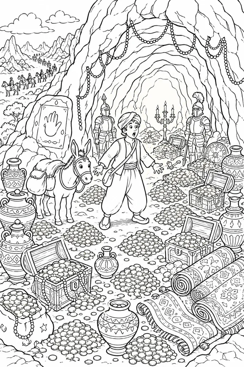Ali Baba stands amazed before treasure cave with coins and urns