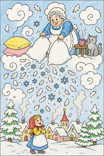 霍尔夫人云端抖枕头，雪落冬日村庄
