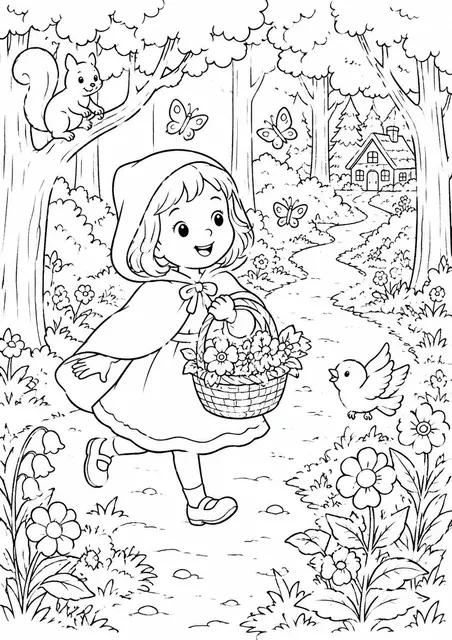 Little Red Riding Hood in the Forest with a Flower Basket