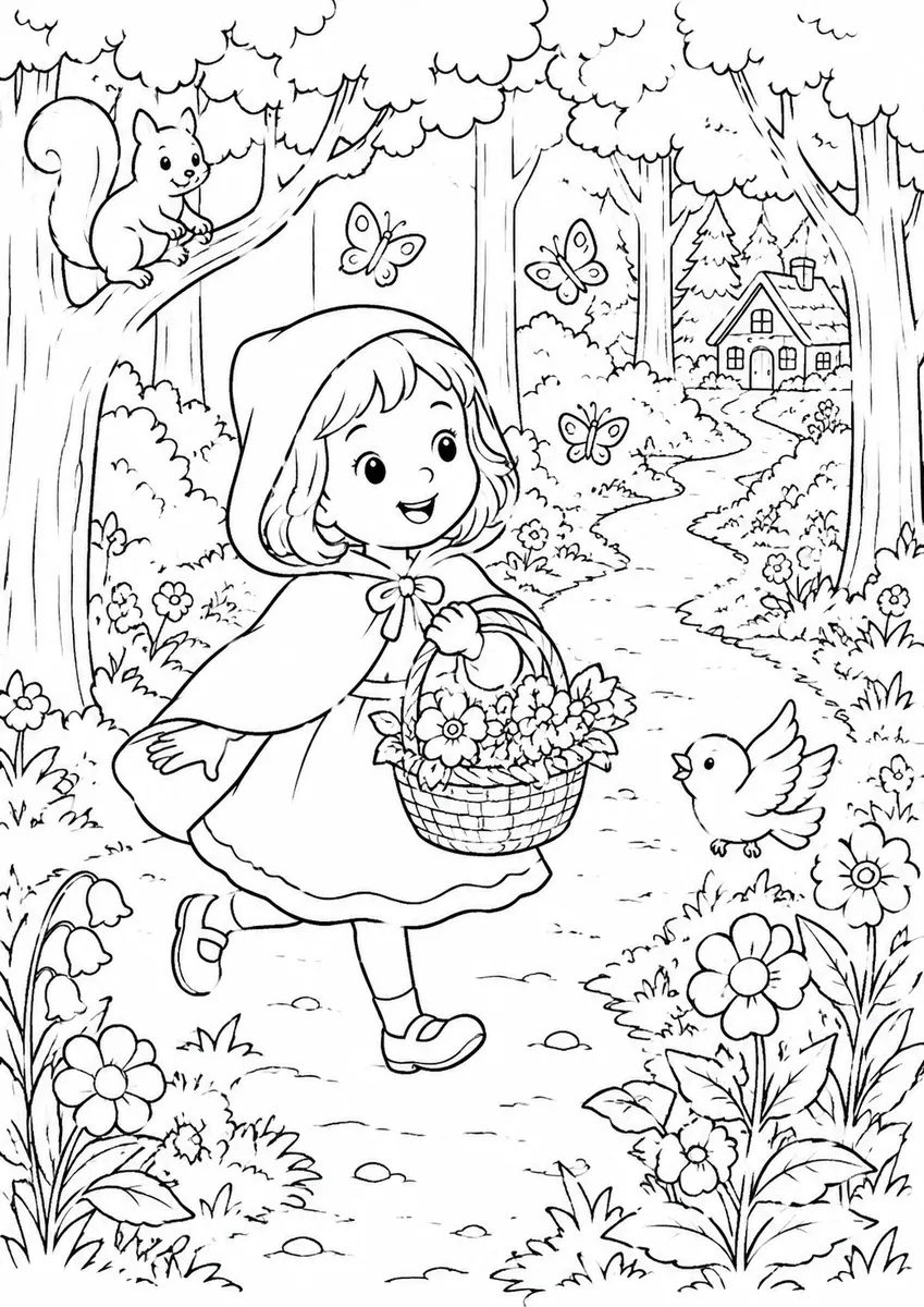 Ausmalbild von Rotkäppchen die mit einem Blumenkorb durch einen freundlichen Wald zur Oma hüpft