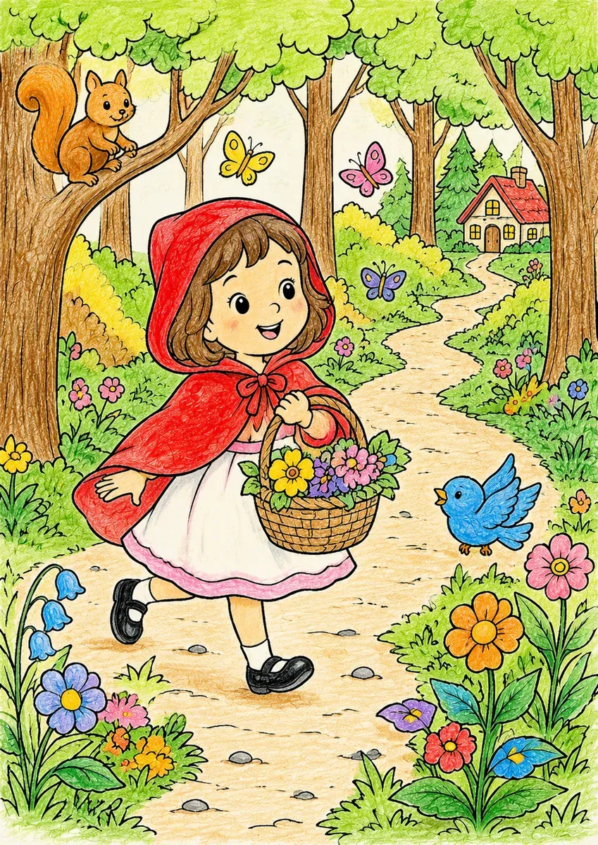 Rotkäppchen im Wald mit Blumenkorb