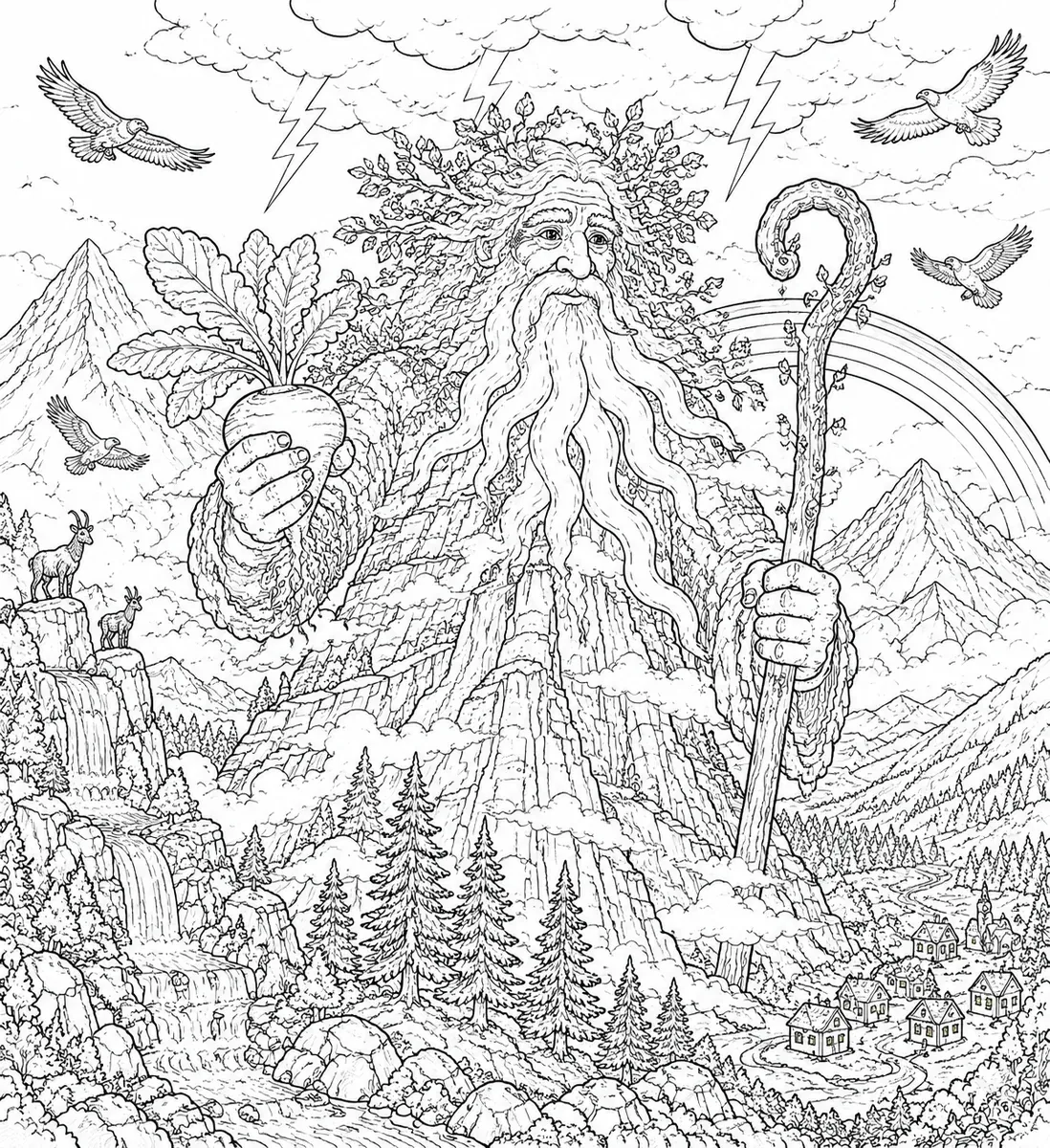 Rübezahl als riesige Fels-und-Wolken-Gestalt im nebligen Riesengebirge mit Nebelbart
