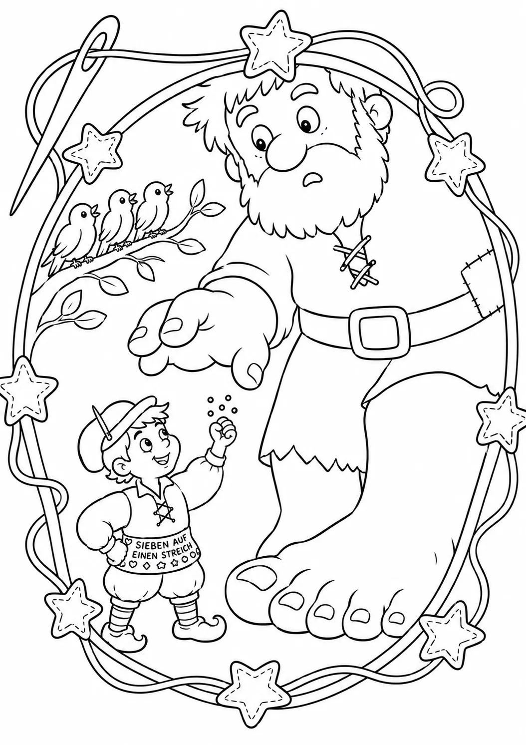 The brave little tailor in yellow waistcoat stands fearlessly before a huge confused giant