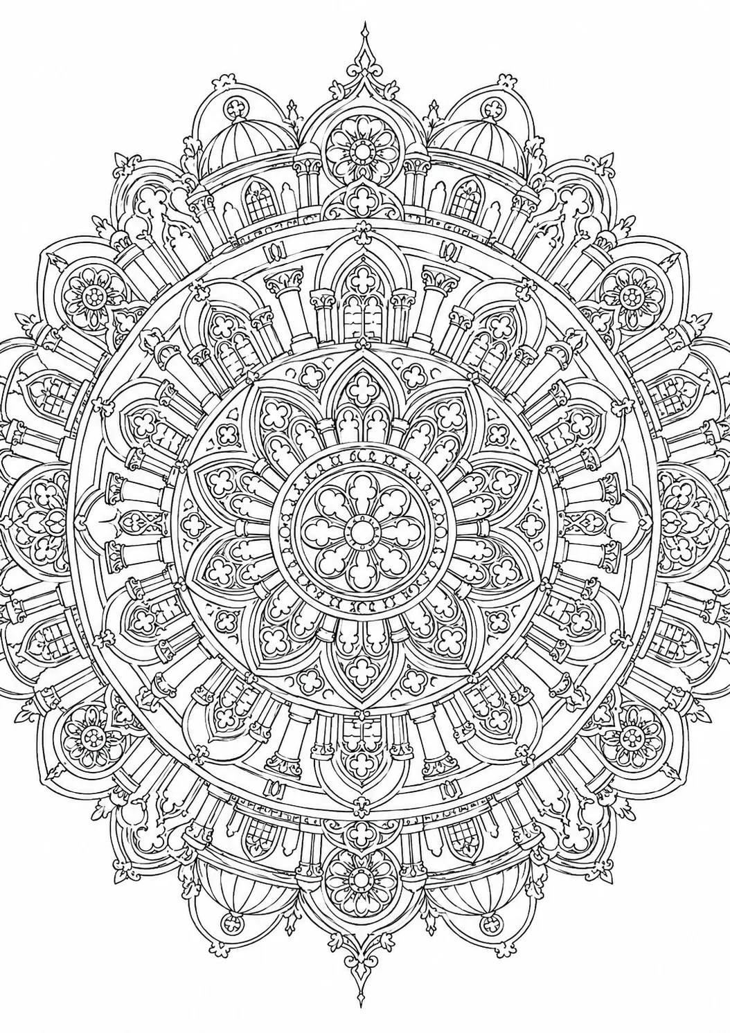 Mandalavorlage: Radial-symmetrisches Muster mit Spitzbögen, Rosettenfenstern, Kuppelformen und Säulen
