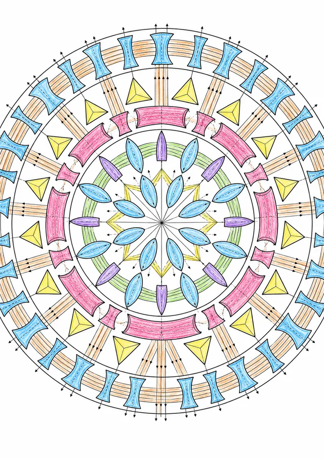 Ausmalseite: Symmetrisches Mandala aus optischen Linsenquerschnitten und Prismenformen mit Lichtstrahlen-Brechungsmustern vom Zentrum