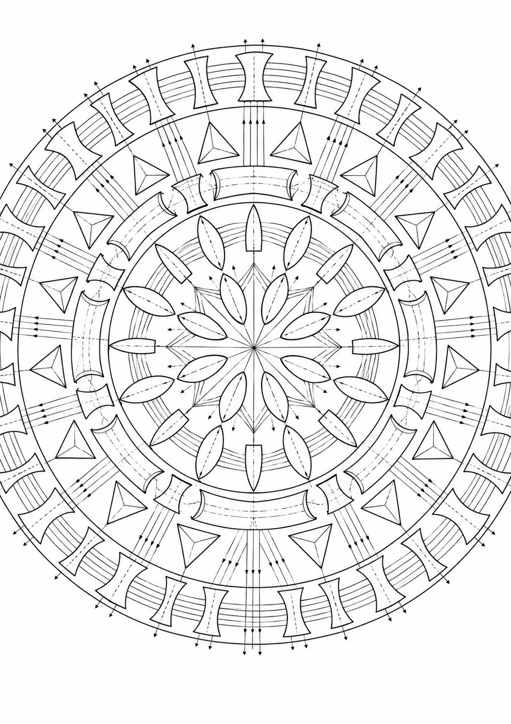 Ausmalseite: Symmetrisches Mandala aus optischen Linsenquerschnitten und Prismenformen mit Lichtstrahlen-Brechungsmustern vom Zentrum