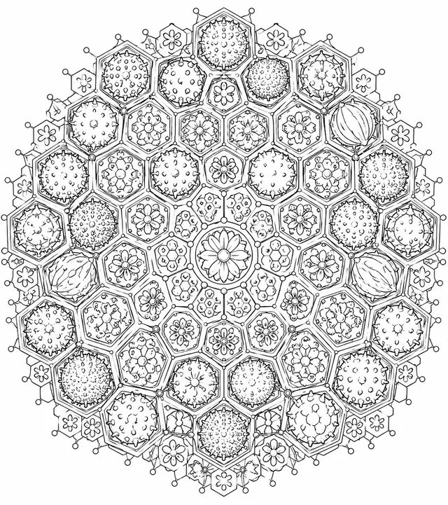 Mandala: Bienenwaben-Hexagone und Pollenformen