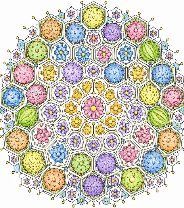 Ausmalseite: Symmetrisches Mandala aus Bienenwaben-Hexagonen und Pollenkornen, vom Zentrum nach außen strahlend