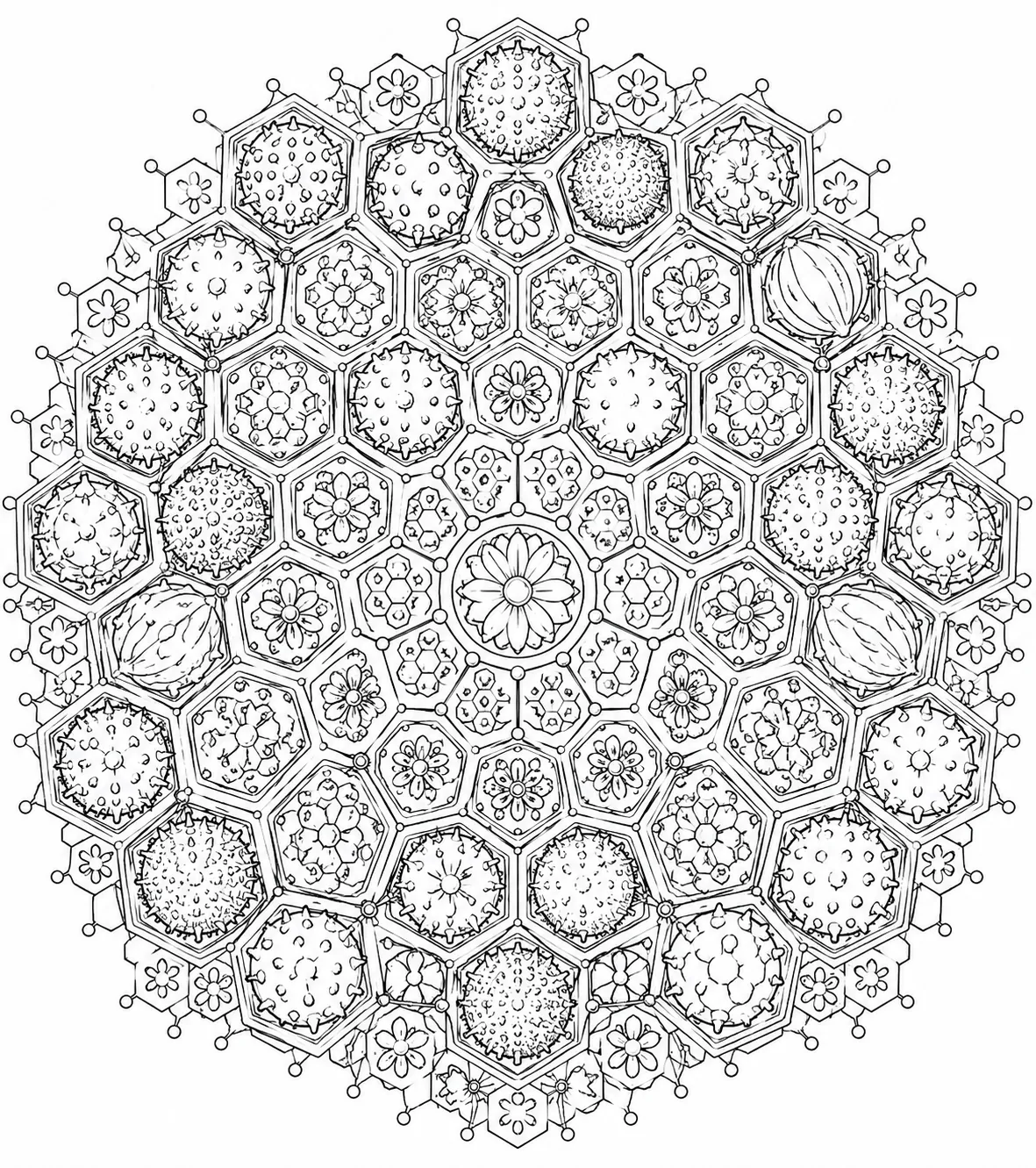 Ausmalseite: Symmetrisches Mandala aus Bienenwaben-Hexagonen und Pollenkornen, vom Zentrum nach außen strahlend