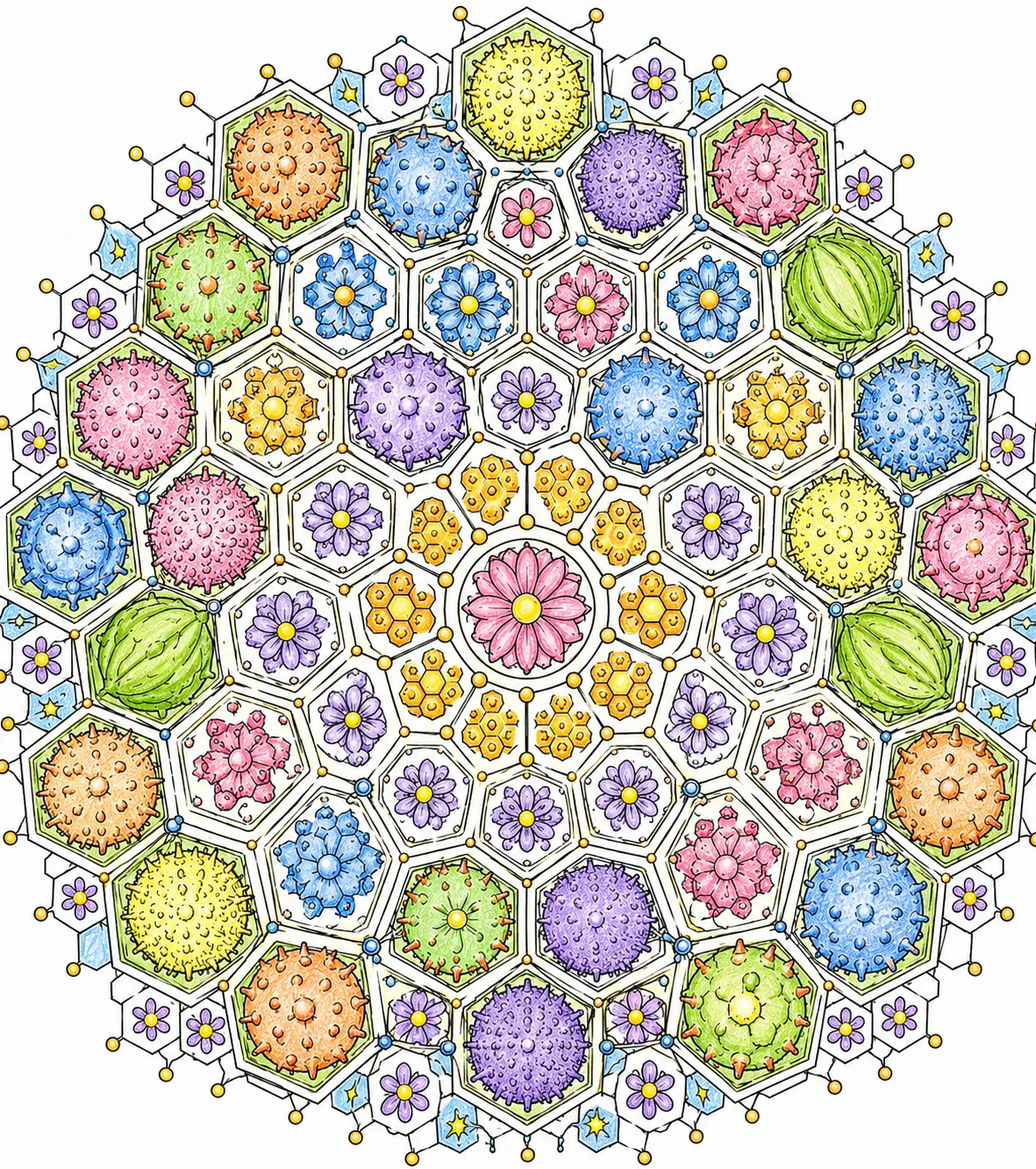 Mandala: Bienenwaben-Hexagone und Pollenformen