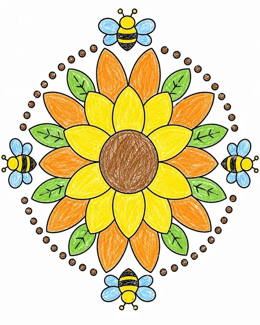 Einfaches Mandala mit Sonnenblume und vier kleinen Bienen