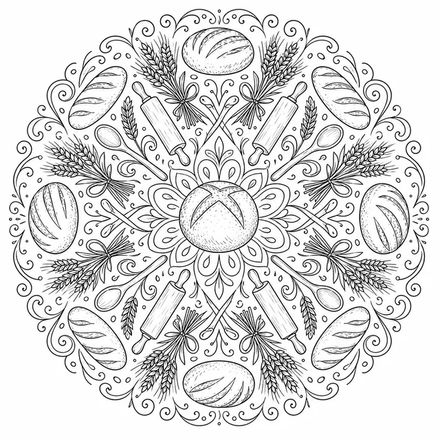 Mandala: Brot, Weizenähren und Backelemente