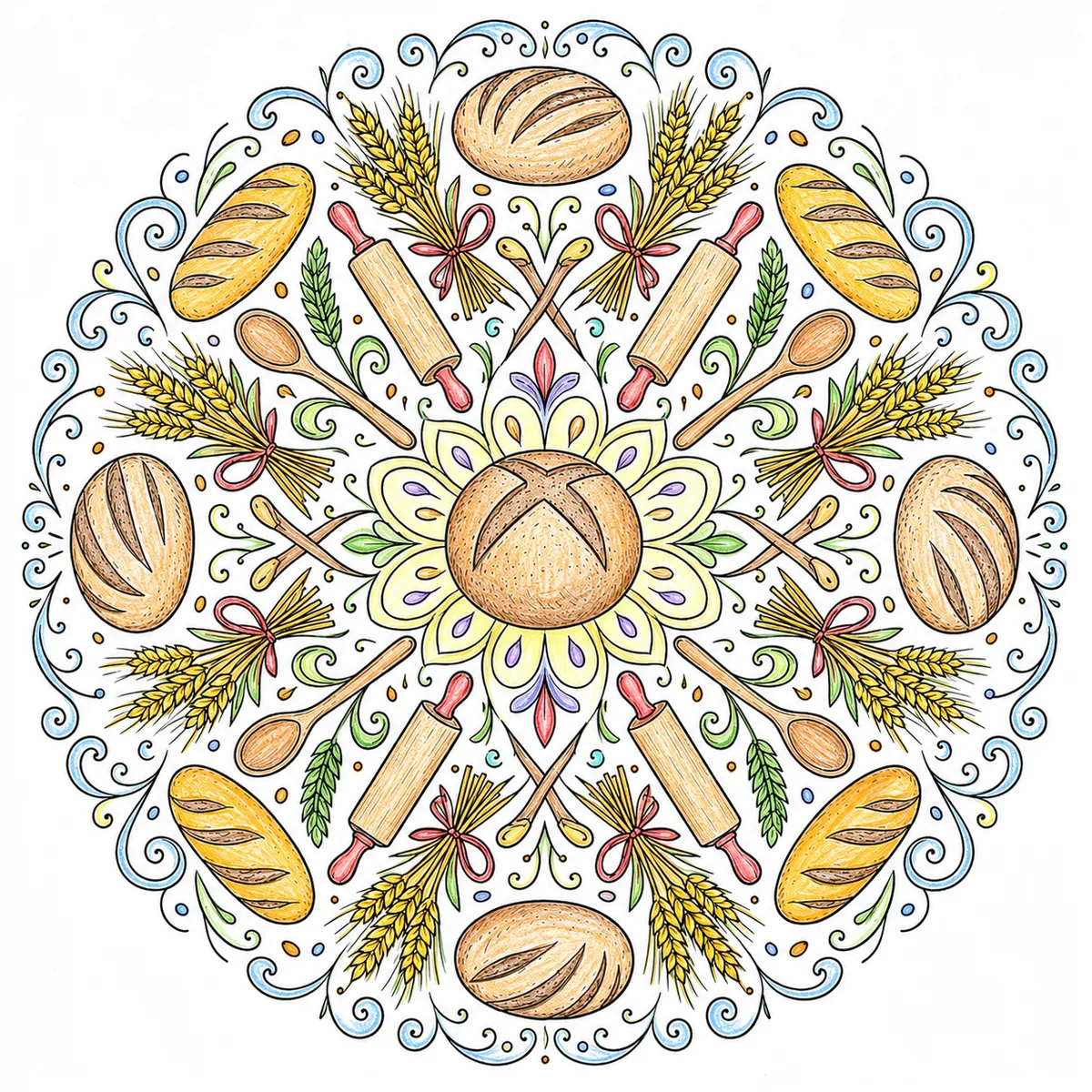 Mandala: Brot, Weizenähren und Backelemente