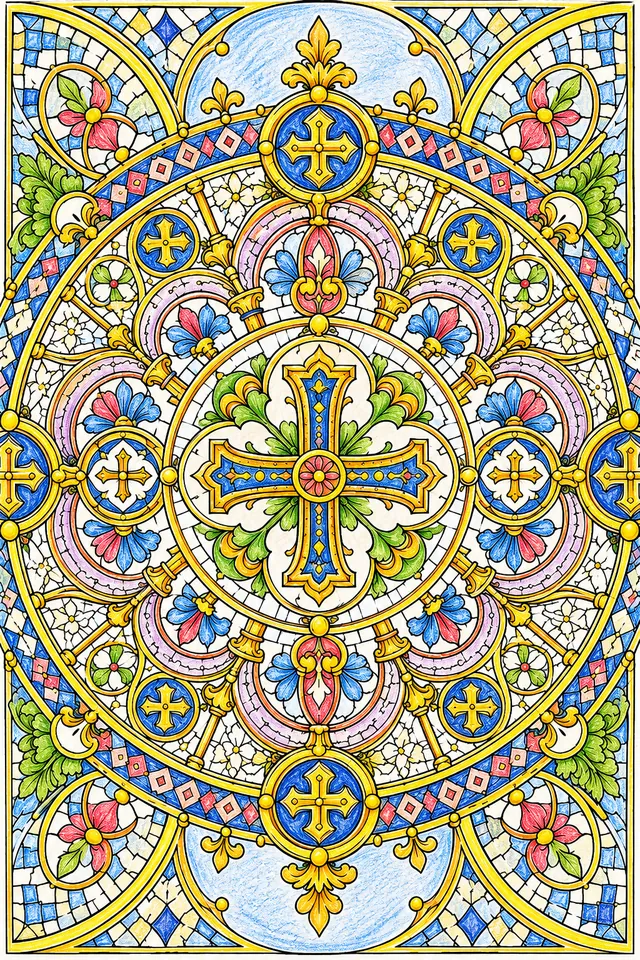 Mandala coloring page inspired by Byzantine church windows and mosaic tile patterns