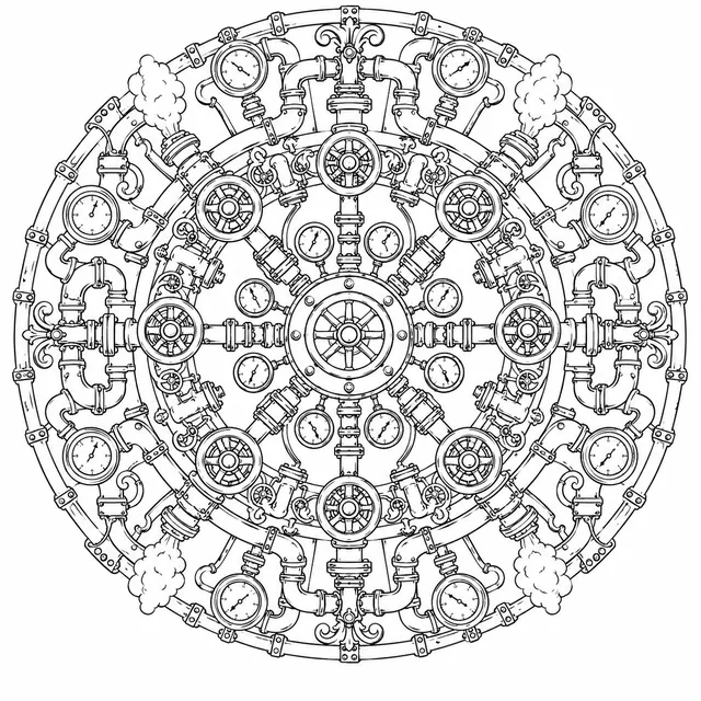 Mandala: Dampfmaschinen-Ventile und Rohrsystem