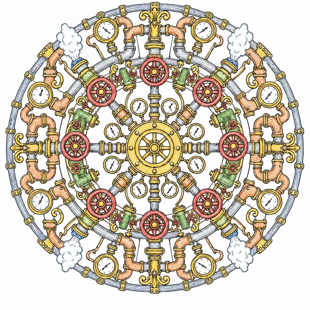 Mandala-Ausmalseite: Steampunk-Dampfventile und Rohrsystem in radialer Symmetrie