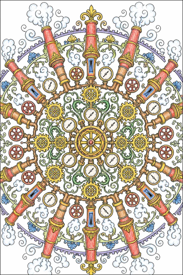 Ausmalseite: Steampunk-Mandala mit symmetrischen Dampfpfeifen, Schornsteinen und Zahnradringen