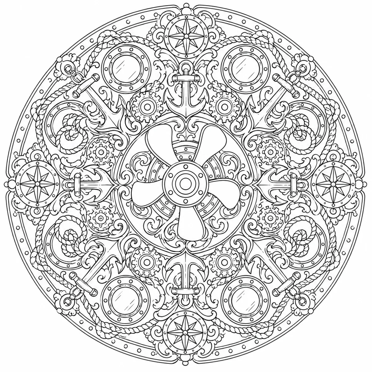 Mandala-Ausmalseite: Steampunk-Propeller, Anker und nautische Kompassrosen in radialer Symmetrie