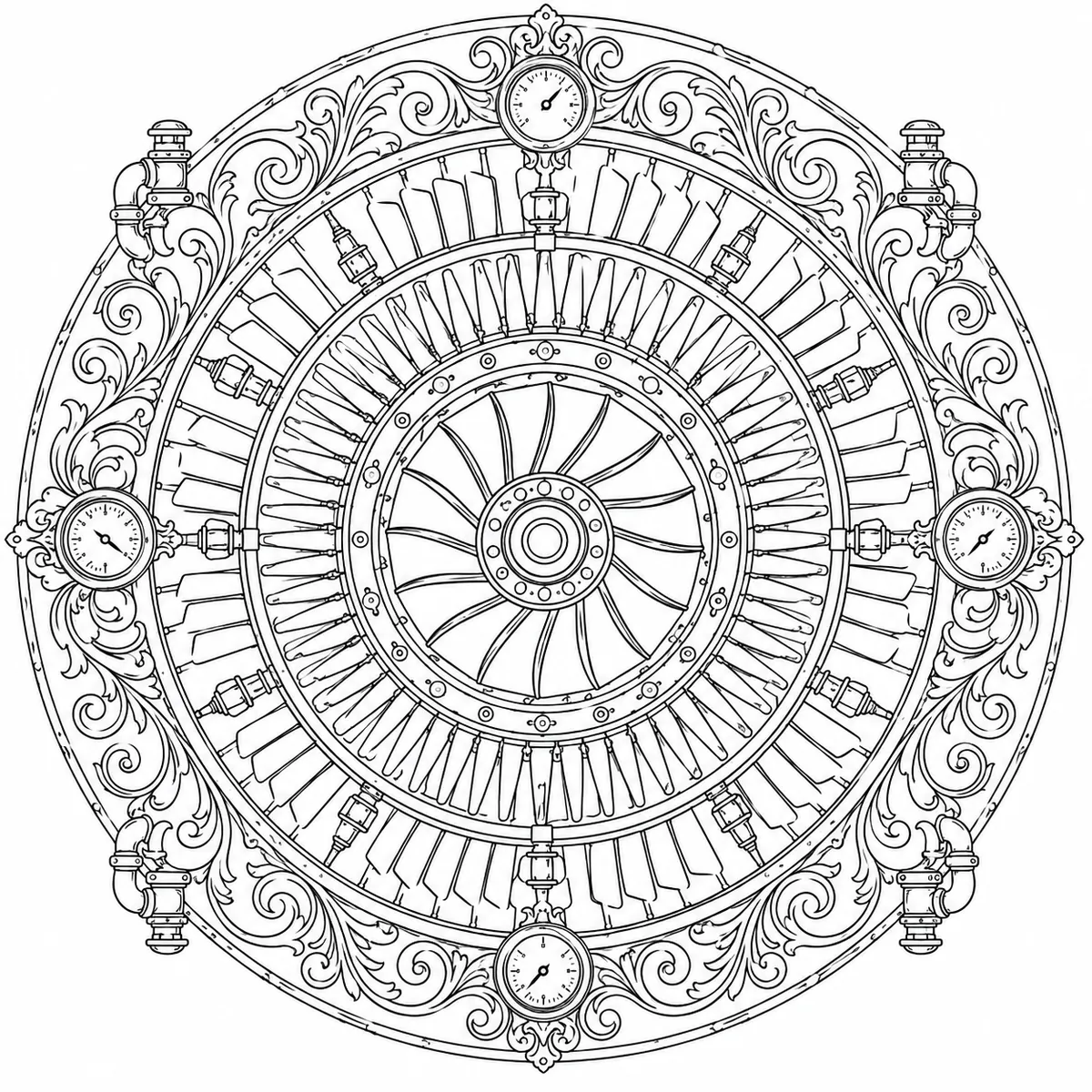 Mandala-Ausmalseite: Dampfturbinen-Schaufeln und Laufräder in radialer Symmetrie