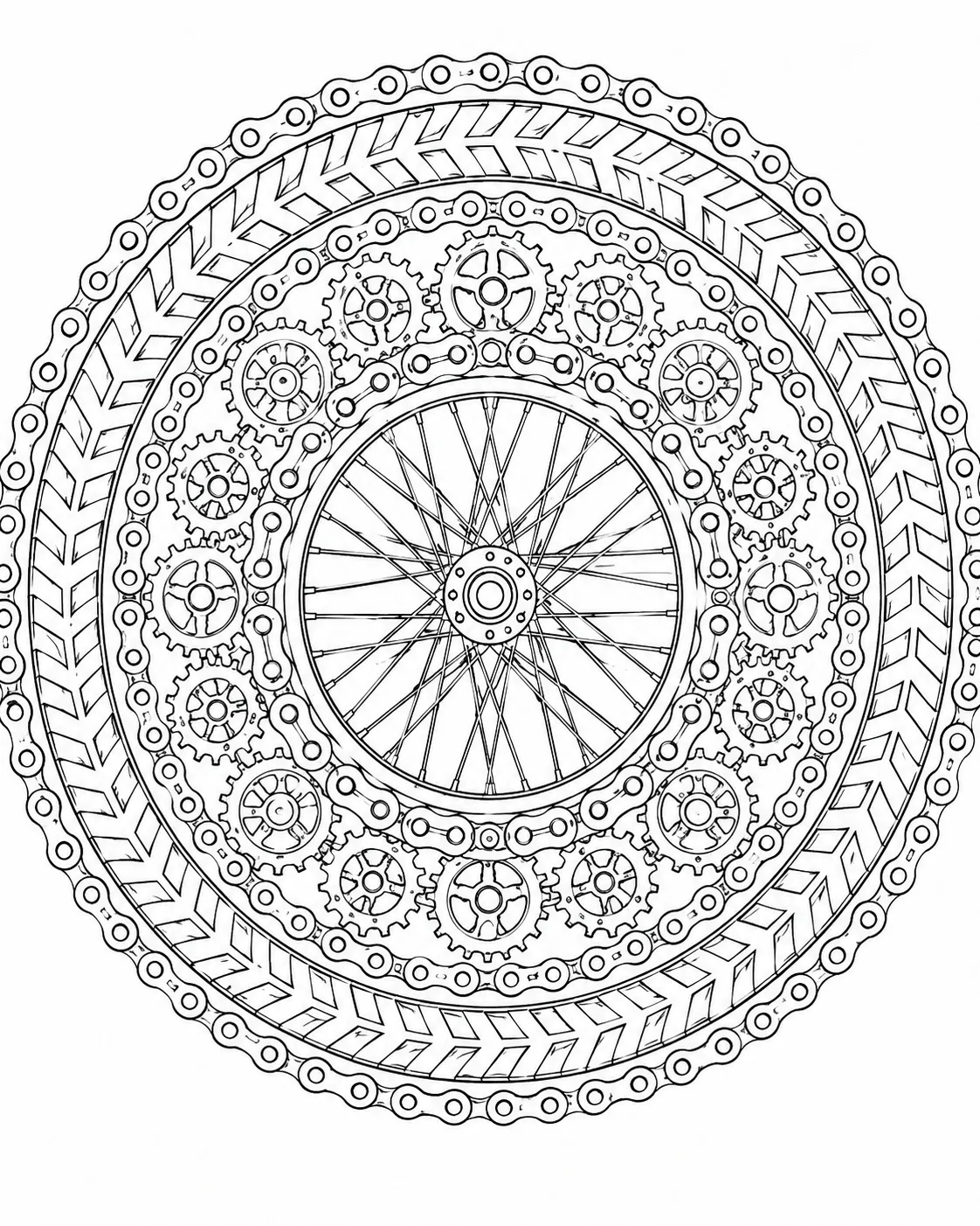 Symmetrical mandala of interlocking bicycle wheels, gears and chain ornaments