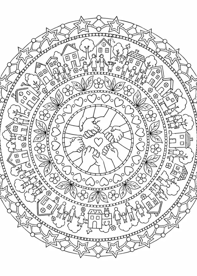 Mandala: Familienkreis aus verschlungenen Händen, Herzen und Blüten