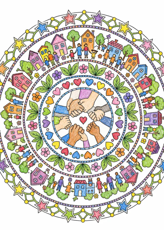 Symmetrisches Mandala mit verschlungenen Händen, Herzen, Blüten und Haussilhouetten im Familienkreis