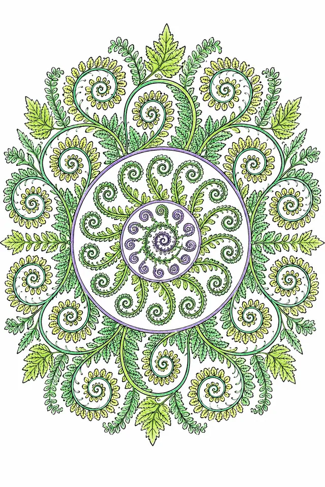 Ausmalseite: Symmetrisches Mandala aus sich entrollenden Farnwedeln entlang Fibonacci-Spiralkurven in konzentrischen Ringen vom Zentrum nach außen