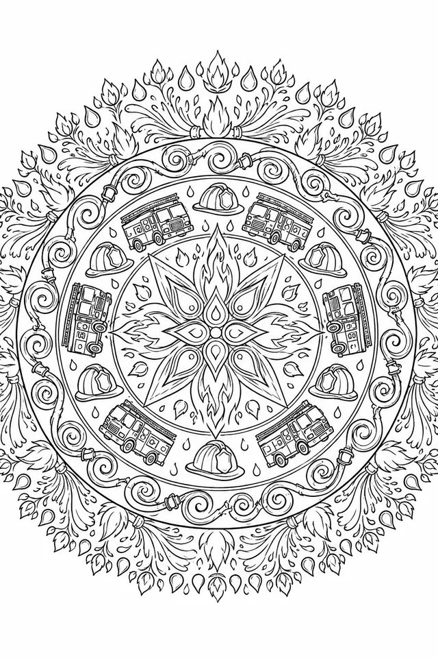 Mandala: Feuerwehrsirene, Flammen und Wassertropfen im geometrischen Muster