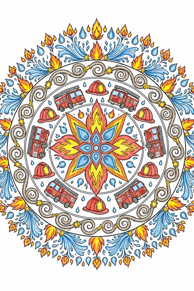 Symmetrisches Feuerwehr-Mandala mit Flammen, Wassertropfen, Feuerwehrhelmen und Fahrzeug-Silhouetten