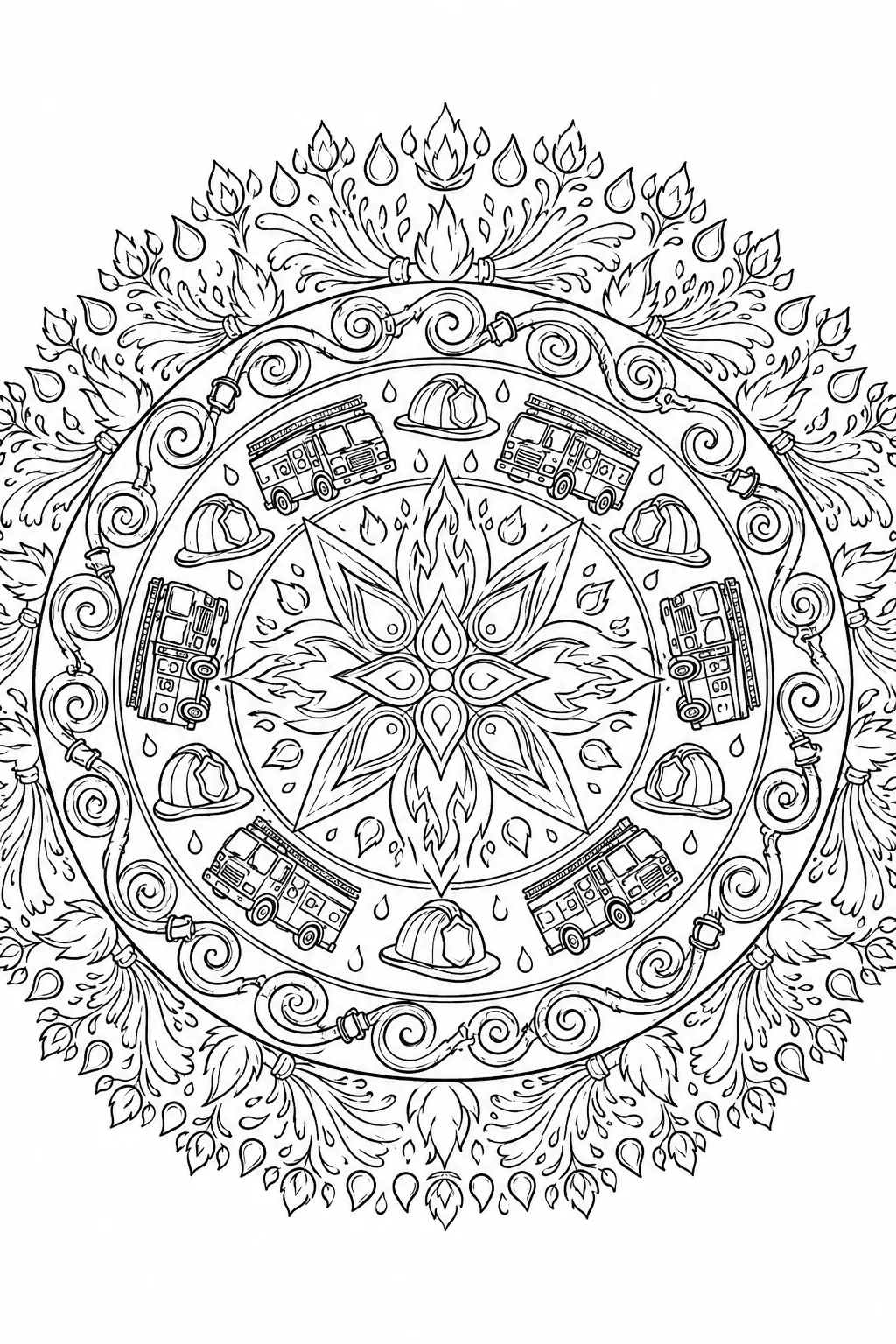 Symmetrisches Feuerwehr-Mandala mit Flammen, Wassertropfen, Feuerwehrhelmen und Fahrzeug-Silhouetten