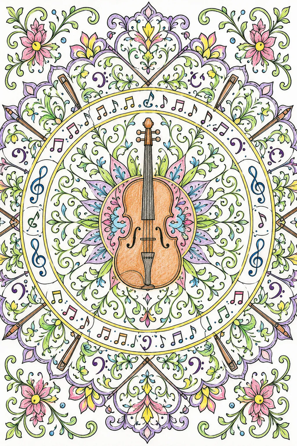 Mandala mit Geige und Notenschlüsseln