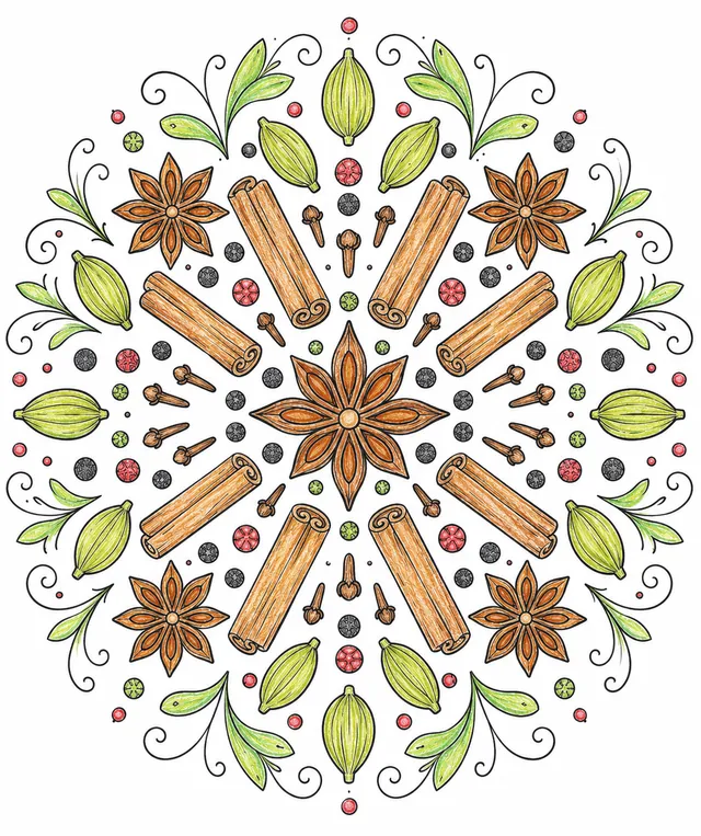 Mandala-Ausmalvorlage: Gewürze kreisförmig angeordnet