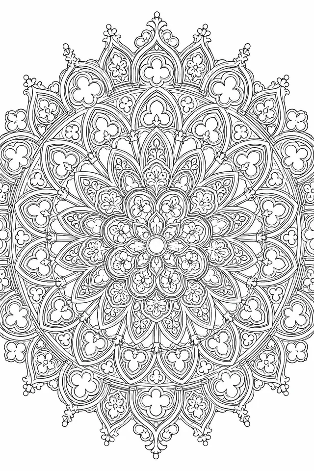 Mandala: Gotische Maßwerkfenster und Spitzbogenornamente