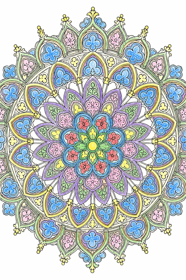 Mandala mit gotischen Maßwerkmustern, Spitzbogen und Rosettenfenstermotiven
