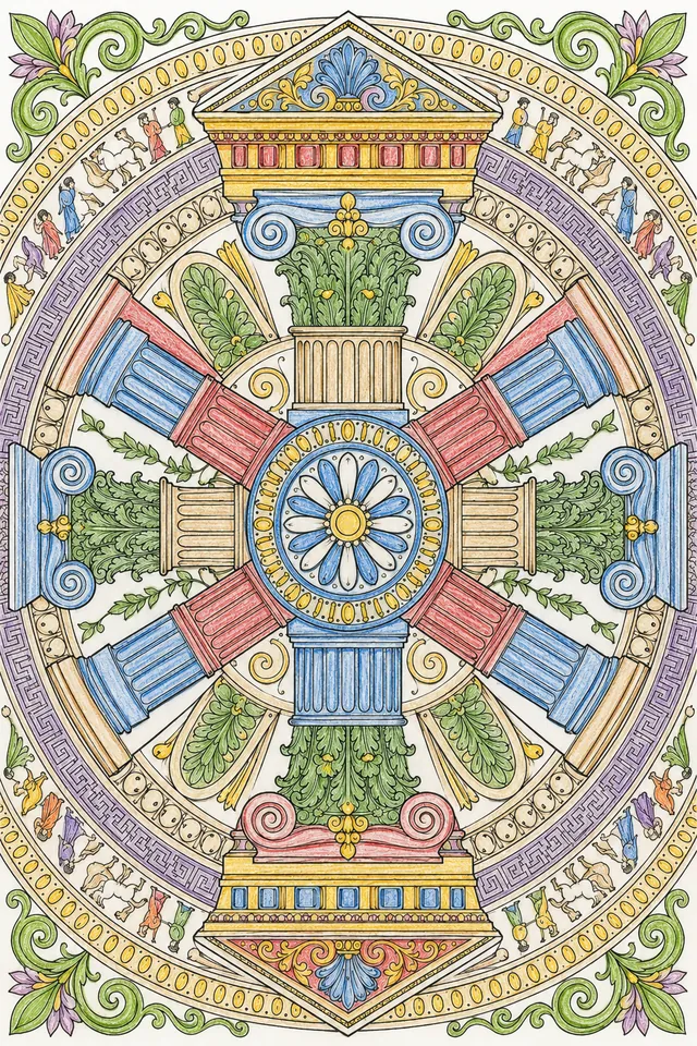 Mandala coloring page inspired by Greek columnar orders in a radially symmetric ornamental pattern