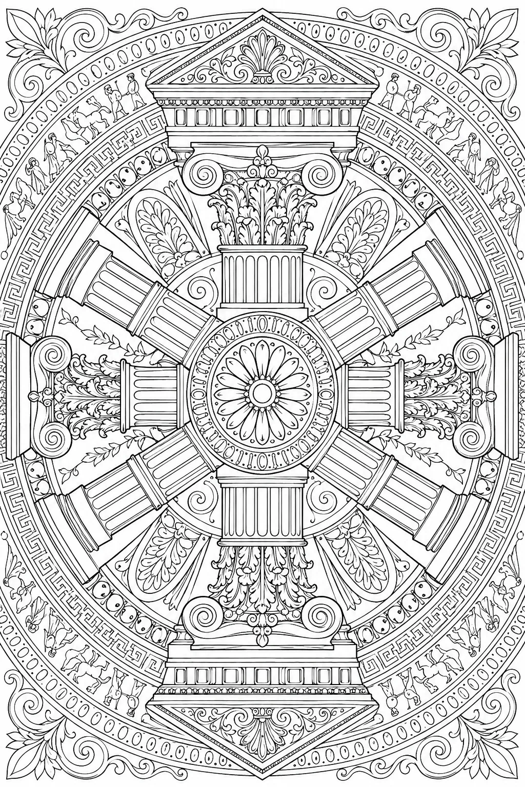 Mandala-Ausmalseite inspiriert von griechischen Säulenordnungen in radialsymmetrischem Muster