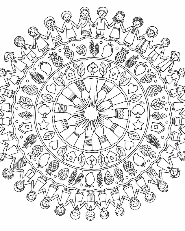 Mandala: Verbundene Hände und Früchte der Gemeinschaft im Kreis