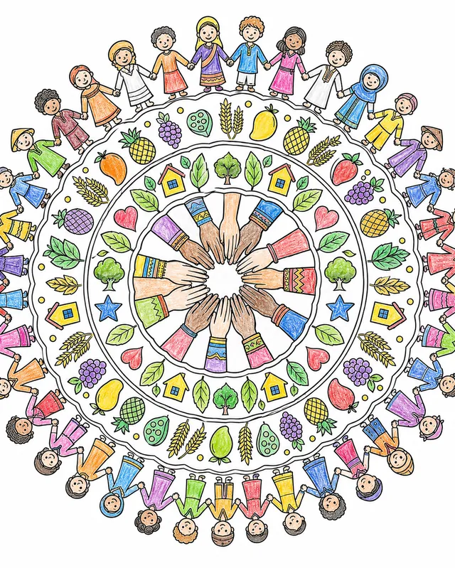 Symmetrisches Mandala mit verbundenen Händen, Gemeinschaftssymbolen, Früchten und Menschensilhouetten