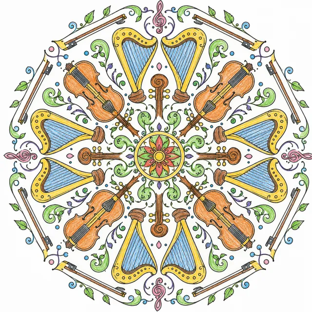 Ausmalbild: Kreisförmiges Mandala aus stilisierten Harfen, Saiten und Geigen-Elementen