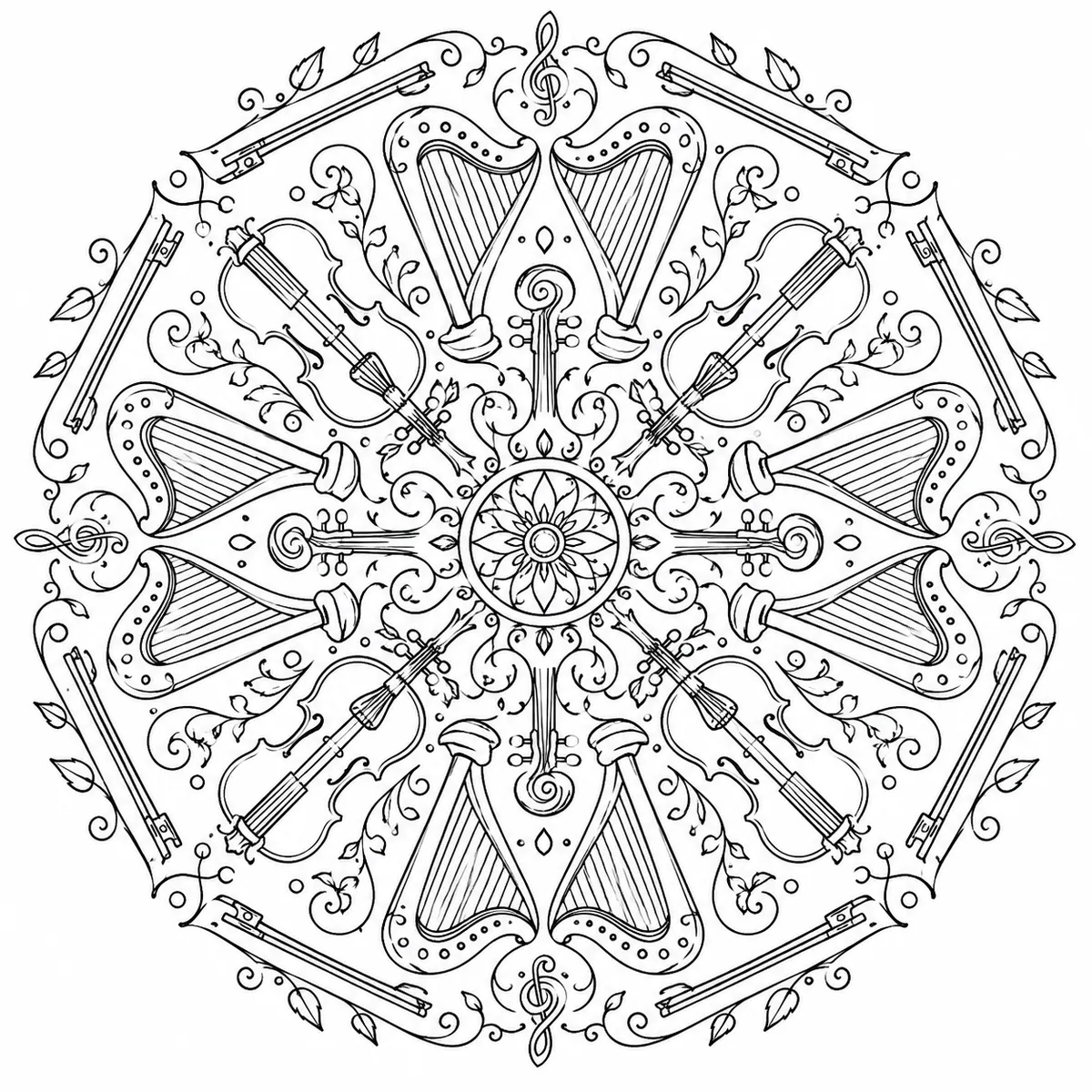 Ausmalbild: Kreisförmiges Mandala aus stilisierten Harfen, Saiten und Geigen-Elementen