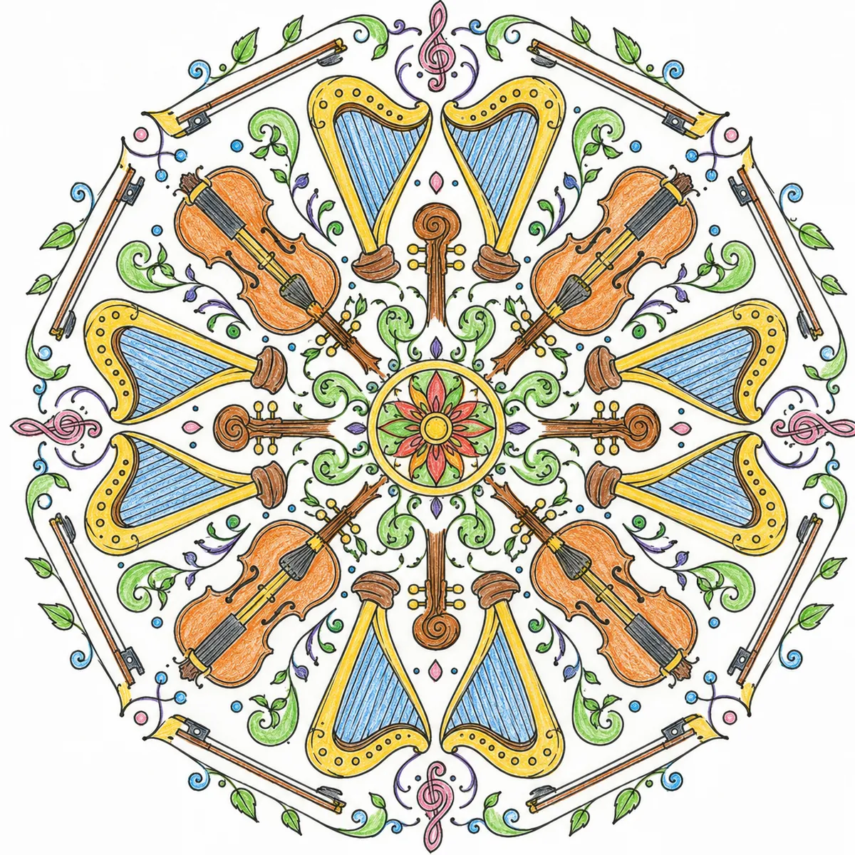 Mandala: Harfe und Saiteninstrumente